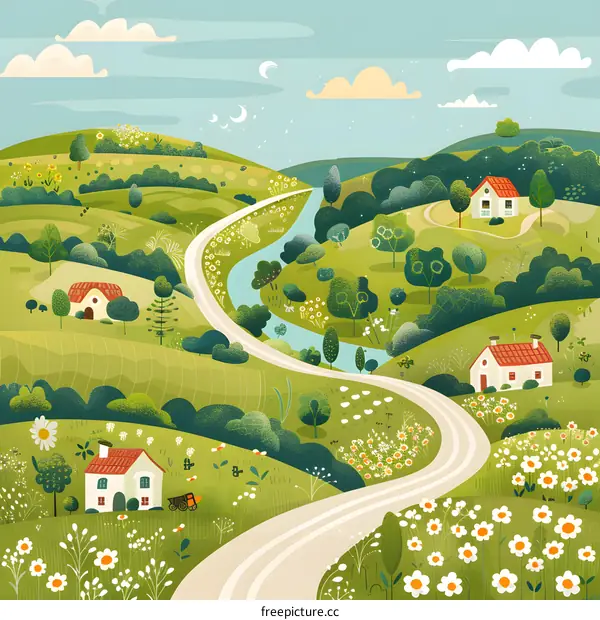 Countryside Landscape with Winding Road and River