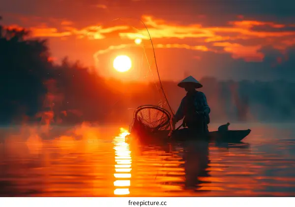 A fisherman in a boat at sunset