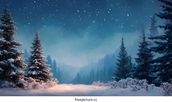 Snowy Forest at Night Under a Starry Sky