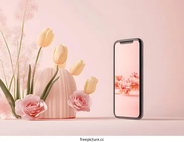 Pink and Yellow Flowers with Phone