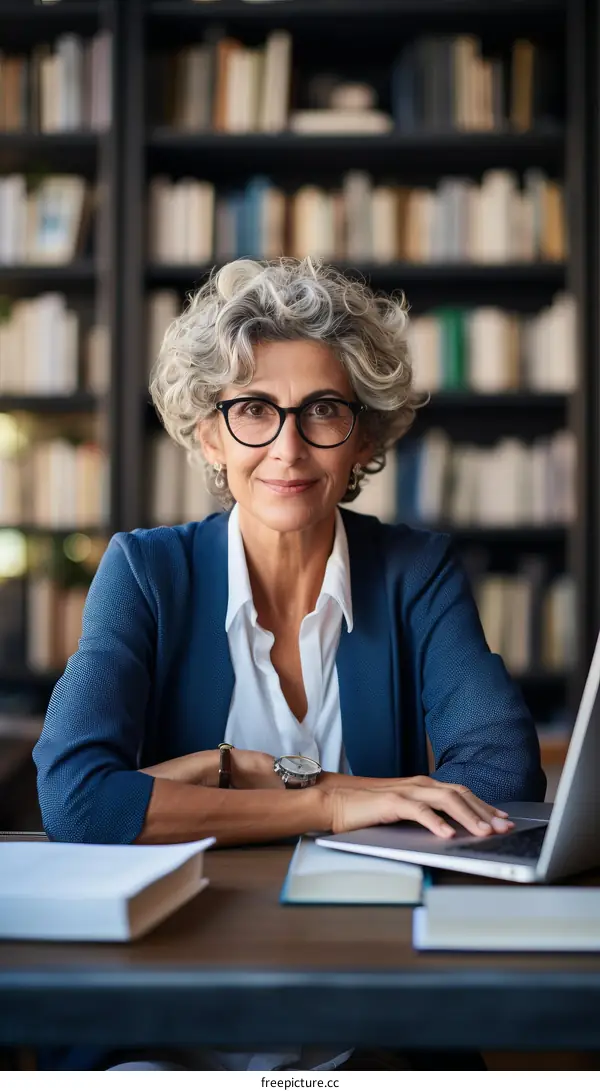 Confident businesswoman sitting at her desk and looking at camera