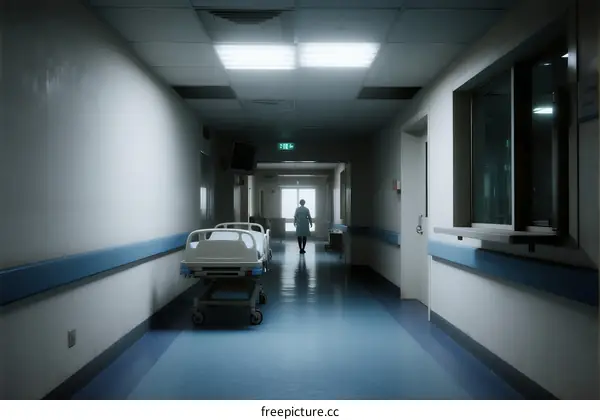 A Quiet Hospital Corridor with Medical Equipment and a Person Walking