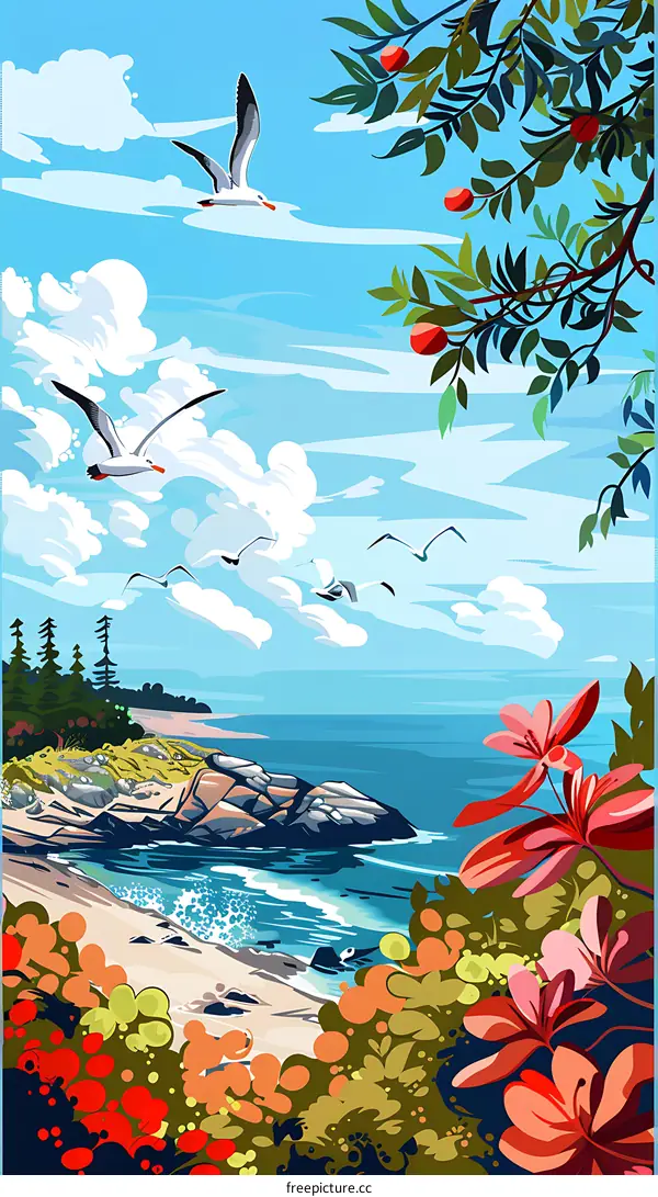 Seagull Flying Over The Ocean With Bright Blue Sky And Clouds