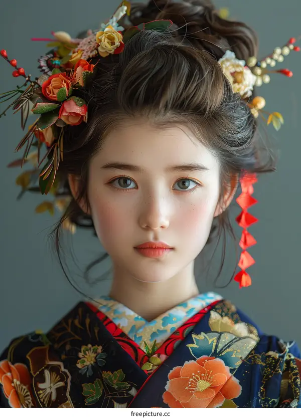 Portrait of a young woman in a kimono with flowers in her hair