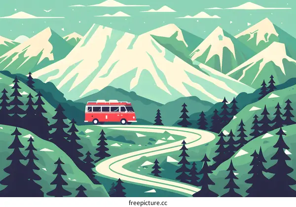 Mountain Road Trip in Vintage Bus Illustration