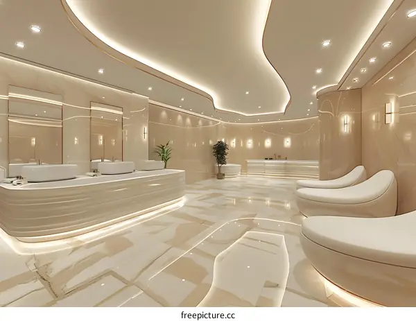 Luxury bathroom interior with marble walls and chaise lounges