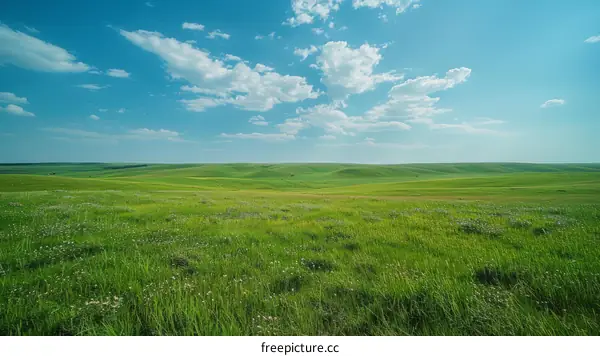 Landscapes: Picturesque rolling green hills with a clear blue sky above dotted with white clouds