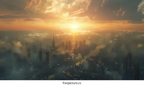Sunrise Over a Futuristic Metropolis Skyline