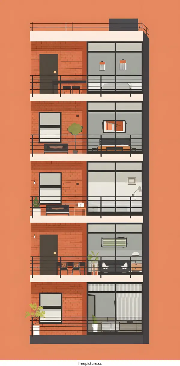 Modern Building with Balconies and Windows
