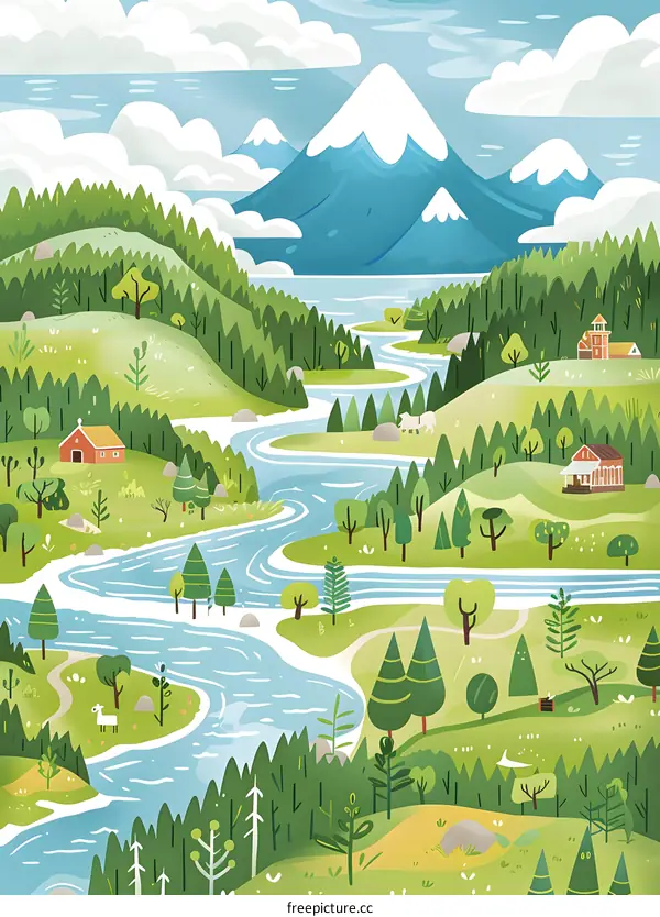 Mountain Landscape Illustration with River and Green Trees