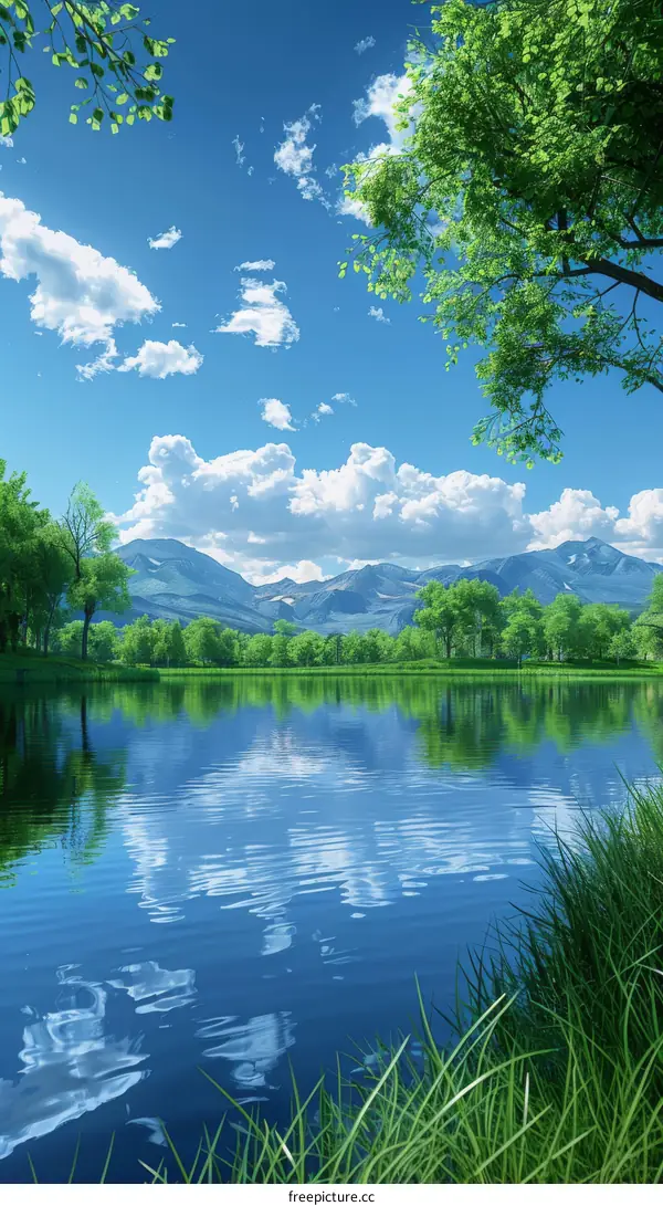 Serene Mountain Lake Landscape with Green Trees and Blue Sky