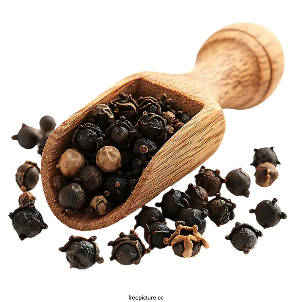 [Transparent Background PNG]Wooden Spoon Filled with Black and Green Peppercorns
