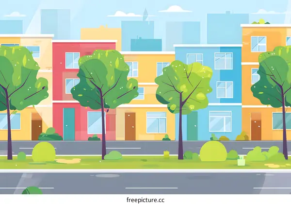 Cartoon Illustration of a City Street with Buildings and Trees