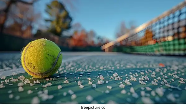 Tennis ball on a frosty tennis court with net in the background