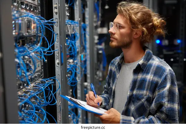 Technician Working in Server Room with Cables and Equipment