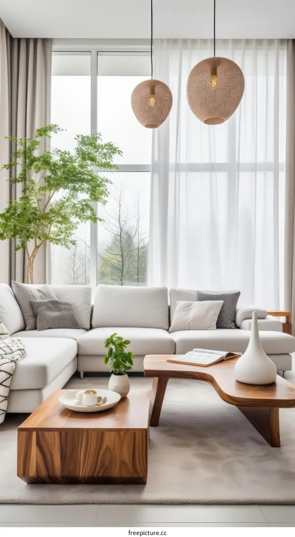 Bright living room with white sofa and wooden table