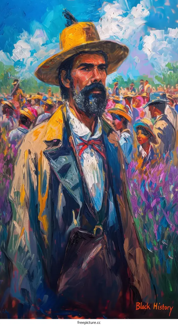 African American man in field wearing yellow hat and red scarf