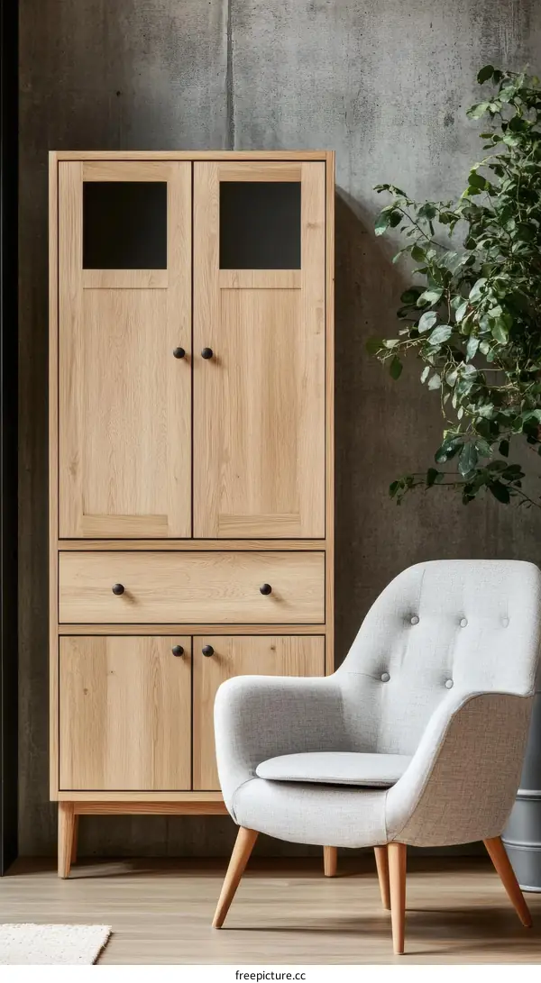 Light Wooden Wardrobe and Armchair in Modern Living Room
