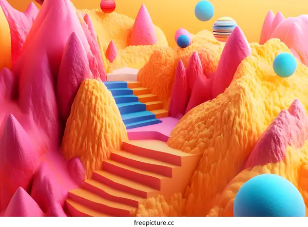 Abstract Colorful 3D Rendered Landscape With Stairs And Balls