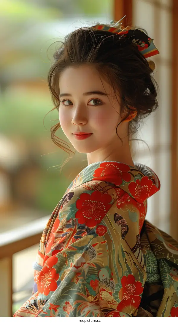 Portrait of a young woman in a kimono