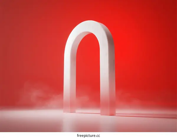 Minimalist White Arch Structure Against Red Background