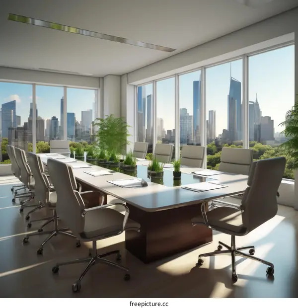 A modern office conference room with a view of the city
