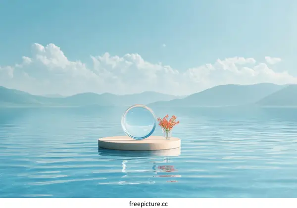 Calm Lakeside Scene with Modern Geometric Forms