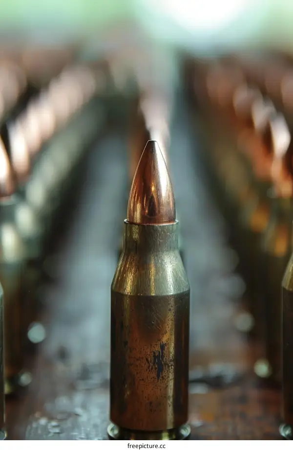 A close-up image of a single bullet standing out from a blurred background of many bullets.