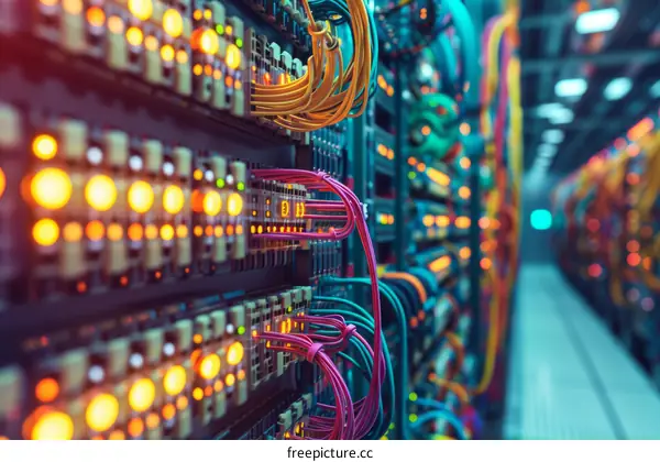 Server Room with Cables and Lights