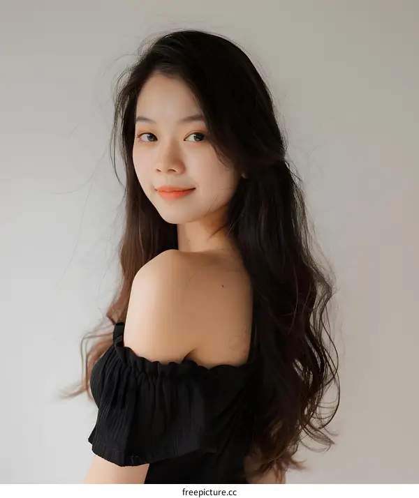 Young Asian Woman Portrait with Long Black Hair