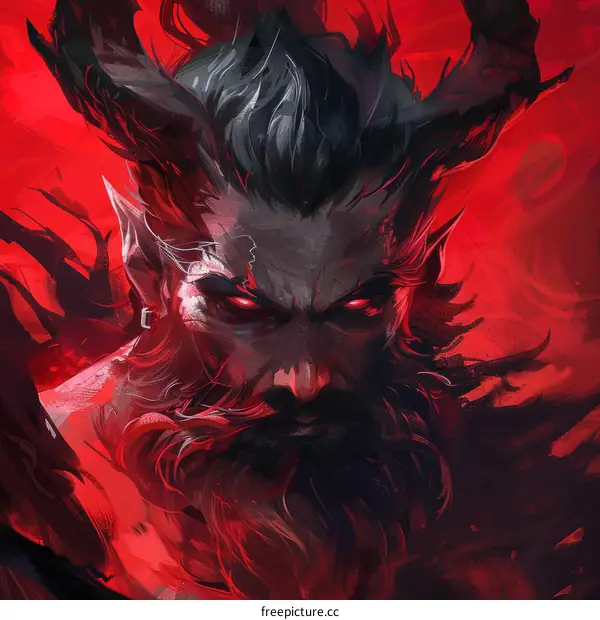 portrait of a red devil man with beard and horns
