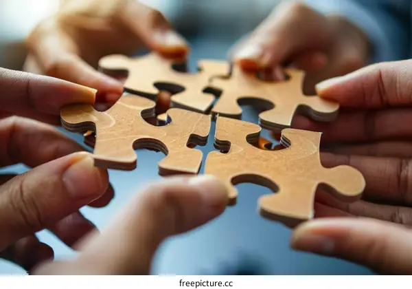 A group of multiracial people putting puzzle pieces together