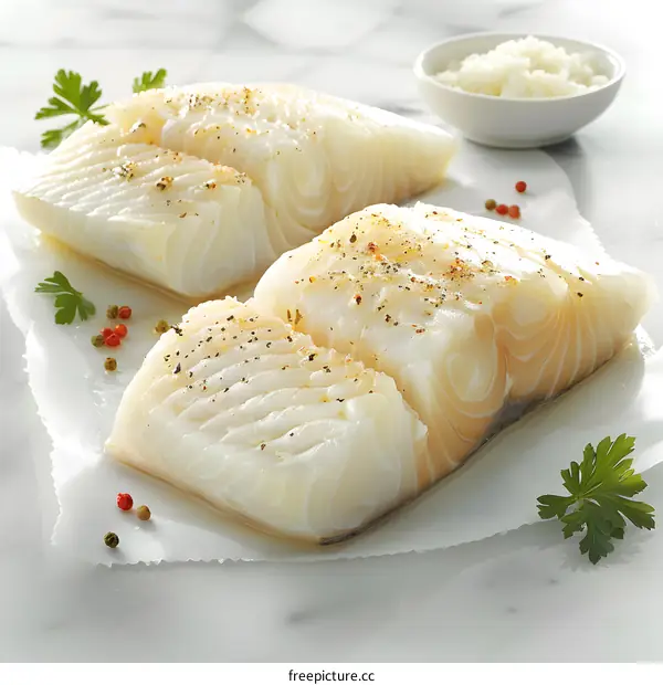 Two pieces of raw white fish fillet with parsley and peppercorns