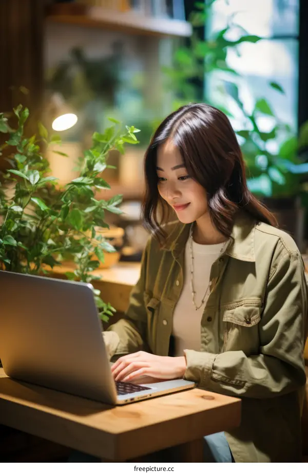 Asian woman working on laptop in cafe