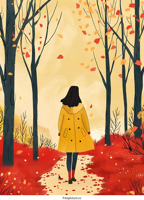 Autumn Forest Walk Illustration with Woman in Yellow Coat