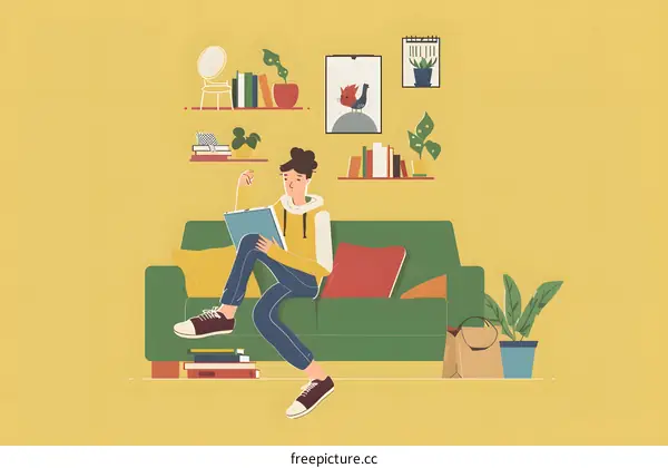 Young Woman Relaxing on Couch and Reading a Book in Her Living Room