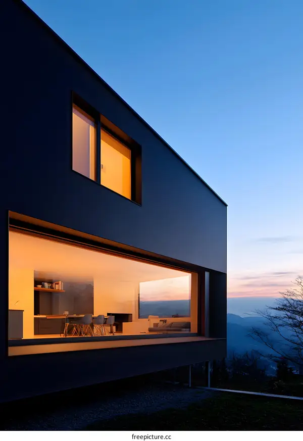 Modern Black House with Large Windows Facing the Mountain Sunset