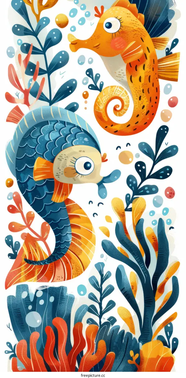 Illustration of two cartoon fish and some aquatic plants