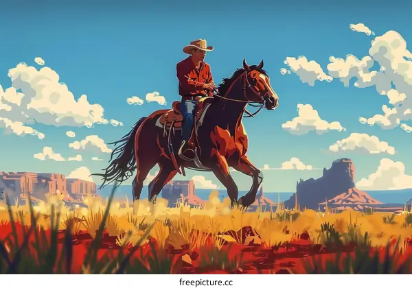 Cowboy riding horse in desert with red rocks in background