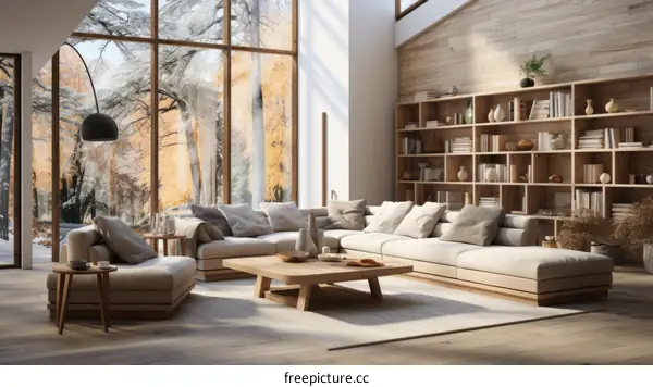 A cozy living room with a large window looking out onto a snowy forest