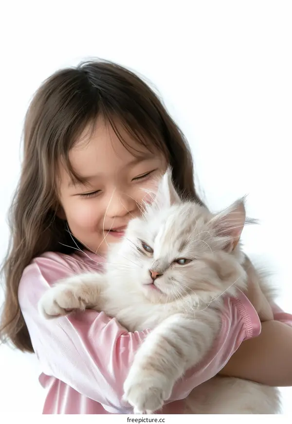 An Asian girl hugging a white cat