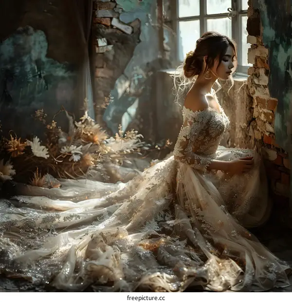 A young woman in a wedding dress