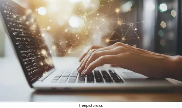 Woman Working on Laptop with Network Graphic Overlay