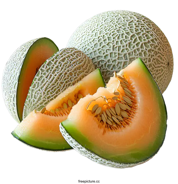 [Transparent Background PNG]A close-up image of a halved orange melon and a whole melon behind it