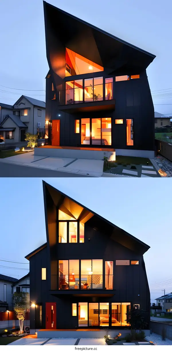 Modern Black House with Unique Roof Design and Large Windows