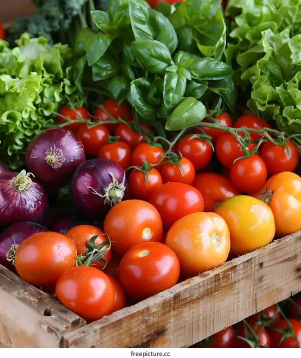 Fresh vegetables in a wooden crate