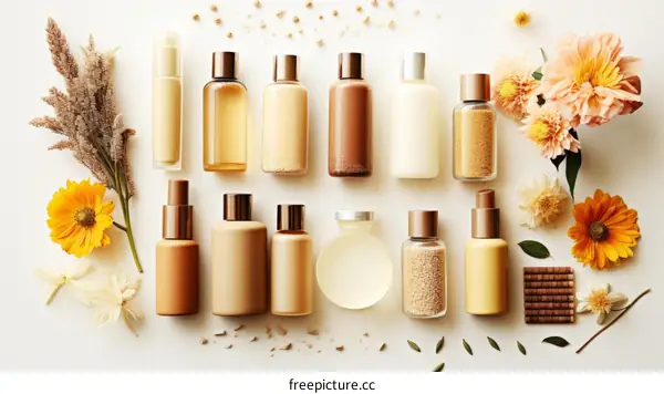 Various cosmetic bottles and flowers on a white background