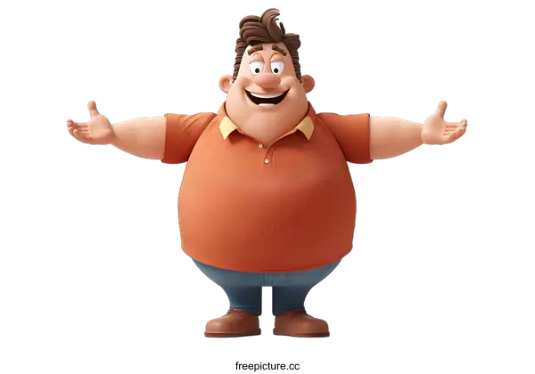 [Transparent Background PNG]A 3D cartoon character of a man with brown hair and blue eyes wearing an orange shirt and blue jeans is smiling with his arms outstretched.