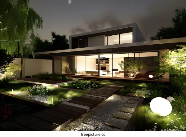 Modern House with Backyard Pond and Wooden Path