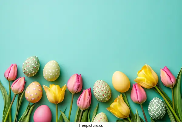 Easter Decor with Tulips and Eggs on Mint Green Background